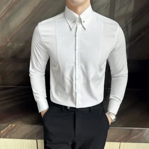 Neckline Metal Decorative Design Men Shirt Fashion Pleated Striped Long Sleeve Slim Business Social Tuxedo Shirt Men's Clothing