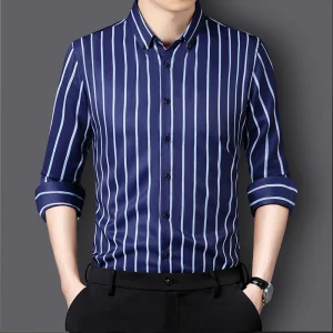 Fashion Stripe Stretch Men's Shirts Long Sleeve New Anti-Wrinkle Dress Shirts Male Button Slim Social Business Casual Shirt
