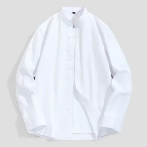 100% Cotton Men's Oxford Shirts Spring Autumn Long Sleeve Solid Color Causal Stand Collor Chinese Style Fashion Office White Top
